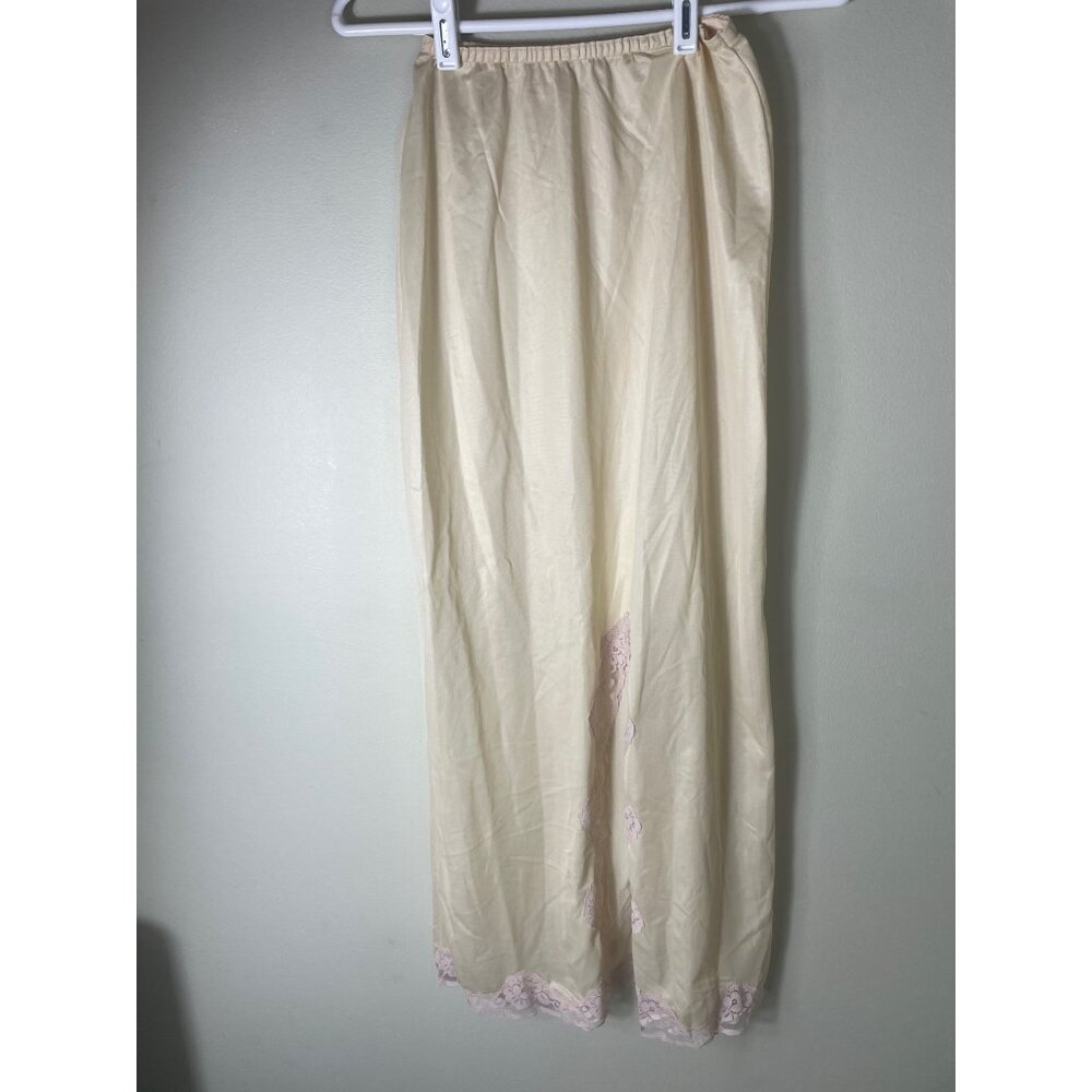 Vintage Beige Full-Length Nylon Slip Skirt With Pink Lace Trim Made In USA - Picture 2 of 8
